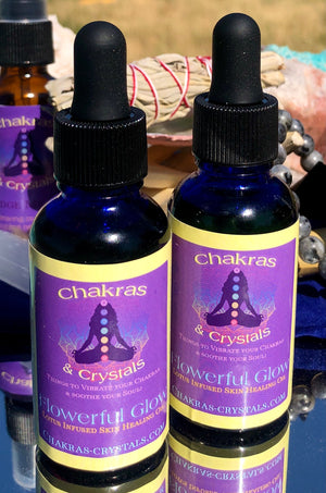 Open image in slideshow, Chakras &amp; Crystals Flowerful Glow Healing Oils for face, body, and hair
